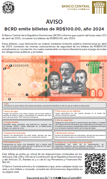 AVISO Oficial del BCRD emite billetes de RD$100.00, año 2024.