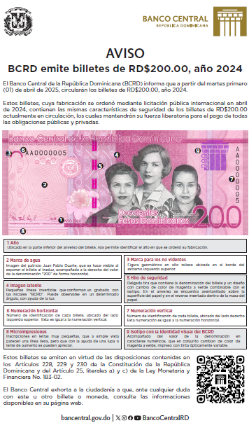AVISO OFICIAL del BCRD emite billetes de RD$200.00, año 2024
