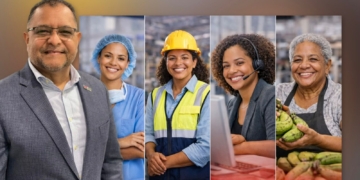 Imagen ilustrativa con Edwin de la Cruz y mujeres trabajadoras de distintas disciplinas (LaSeguridadSocial.Do)